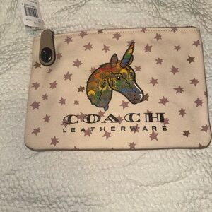 Coach Canvas Star Print Signature W/Rainbow Unicorn Turnlock Pouch 26/V5L38